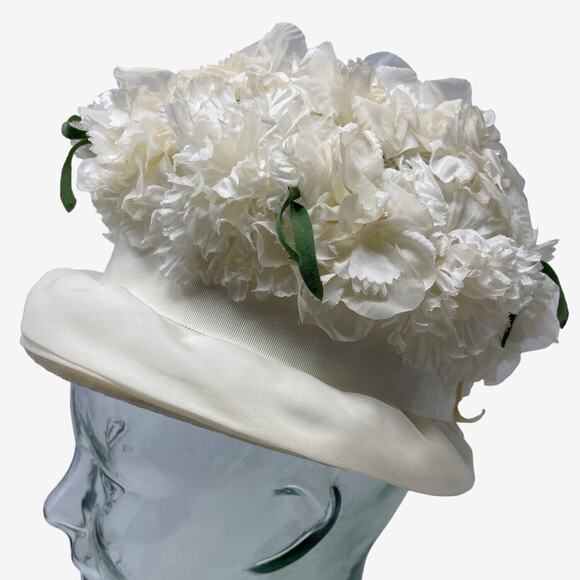 Vintage 1960s White Floral Cloche Hat Double Fabric Brim Retro Mid Century Style - Picture 6 of 7